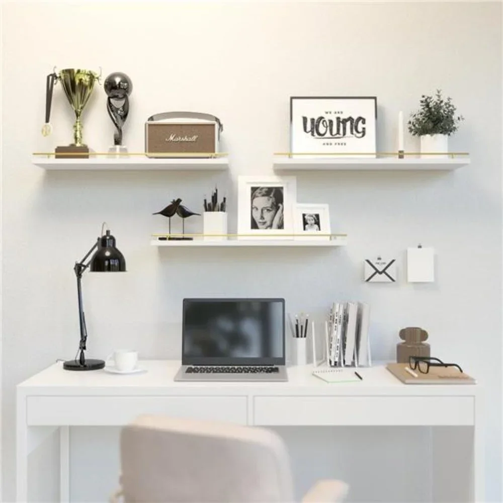 Floating Shelves 24 inches with‎ Gold Metal Guardrail, Wall Decor Set of 3